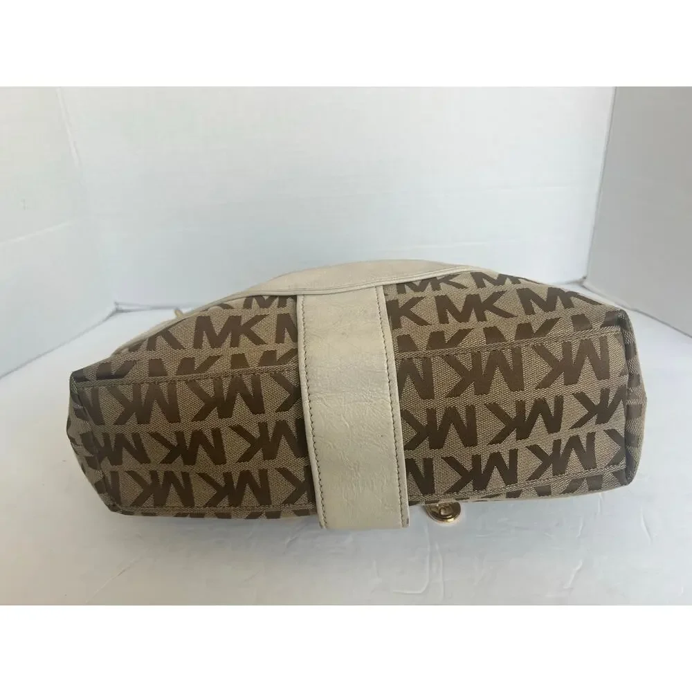 Michael Kors Signature Brown Canvas with‎ White Leather Shoulder/Hand Bag Purse
